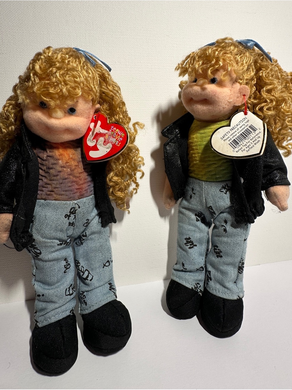 Ty Blonde Curly-Haired Plush Duo in Black Jackets and Light Blue Pants